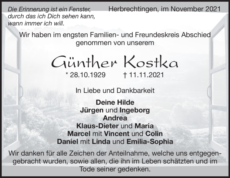  Traueranzeige für Günther Kostka vom 20.11.2021 aus Heidenheimer Zeitung