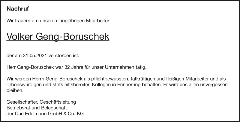  Traueranzeige für Volker Geng-Boruschek vom 12.06.2021 aus Heidenheimer Zeitung