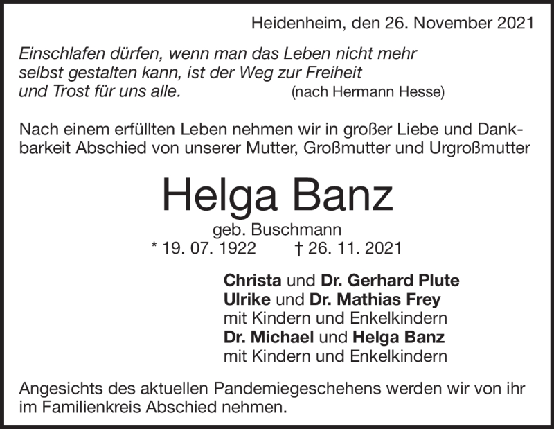  Traueranzeige für Helga Banz vom 30.11.2021 aus Heidenheimer Zeitung