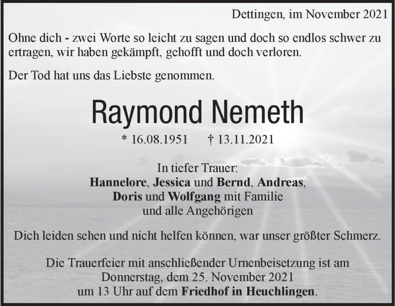  Traueranzeige für Raymond Nemeth vom 20.11.2021 aus Heidenheimer Zeitung