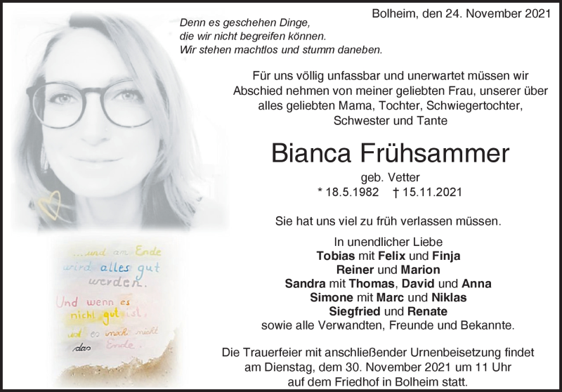  Traueranzeige für Bianca Frühsammer vom 24.11.2021 aus Heidenheimer Zeitung