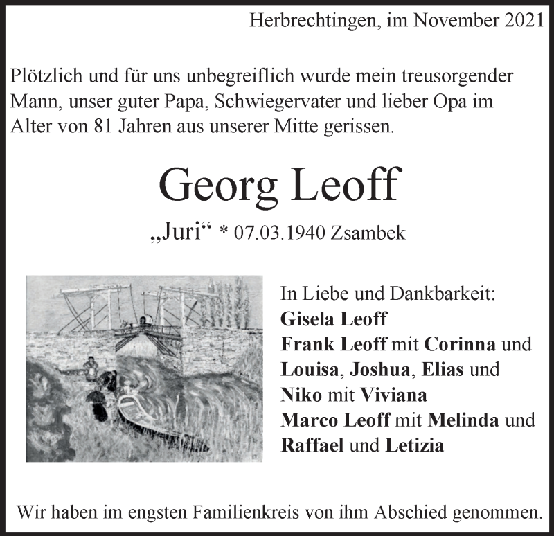  Traueranzeige für Georg Leoff vom 27.11.2021 aus Heidenheimer Zeitung
