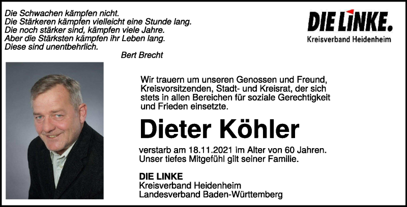  Traueranzeige für Dieter Köhler vom 26.11.2021 aus Heidenheimer Zeitung