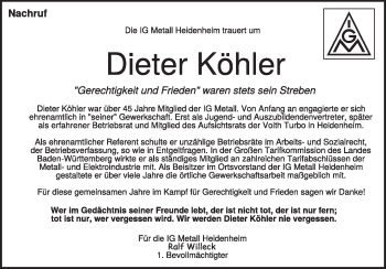 Traueranzeige von Dieter Köhler von Heidenheimer Zeitung