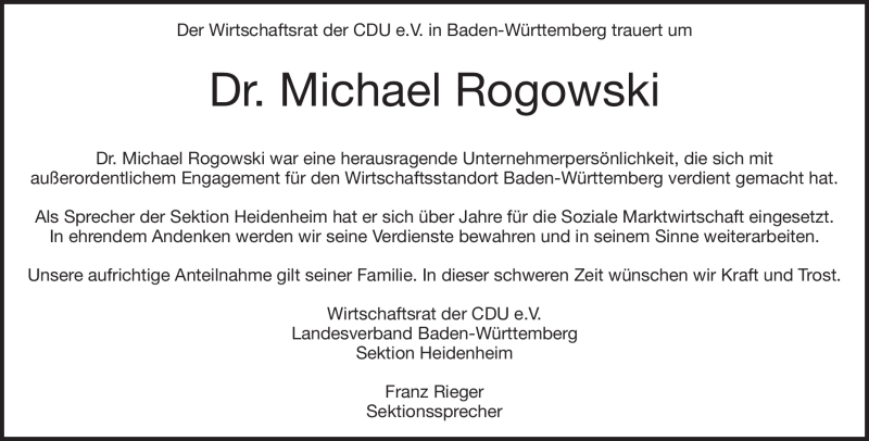  Traueranzeige für Michael Rogowski vom 27.11.2021 aus Heidenheimer Zeitung