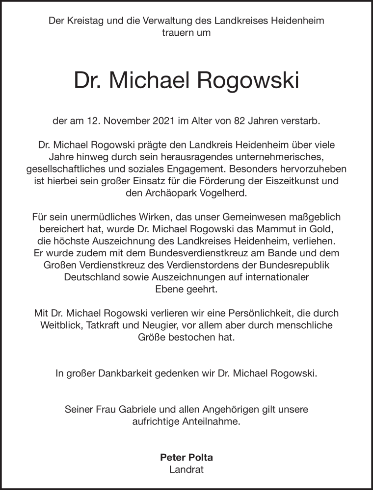  Traueranzeige für Michael Rogowski vom 18.11.2021 aus Heidenheimer Zeitung