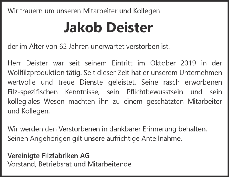  Traueranzeige für Jakob Deister vom 20.11.2021 aus Heidenheimer Zeitung