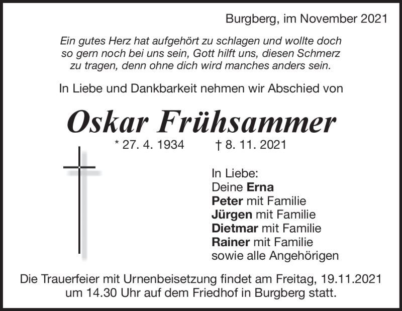  Traueranzeige für Oskar Frühsammer vom 13.11.2021 aus Heidenheimer Zeitung