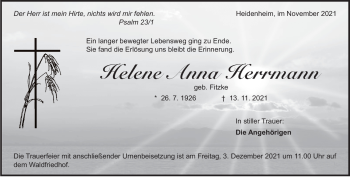 Traueranzeige von Helene Herrmann von Heidenheimer Zeitung
