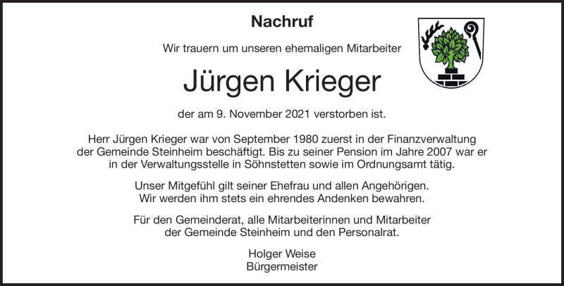 Traueranzeige für Jürgen Krieger vom 20.11.2021 aus Heidenheimer Zeitung