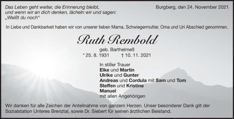  Traueranzeige für Ruth Rembold vom 24.11.2021 aus Heidenheimer Zeitung