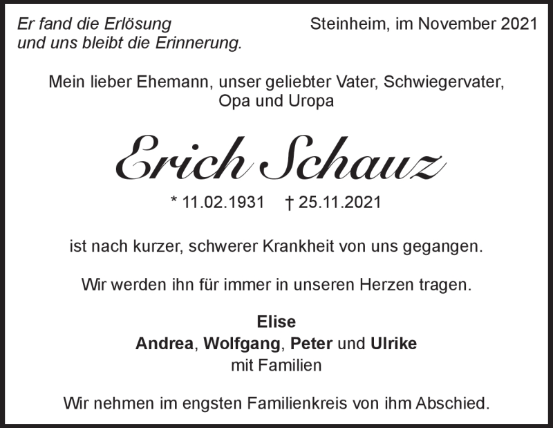  Traueranzeige für Erich Schauz vom 30.11.2021 aus Heidenheimer Zeitung