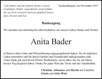 Traueranzeige von Anita Bader von Heidenheimer Zeitung