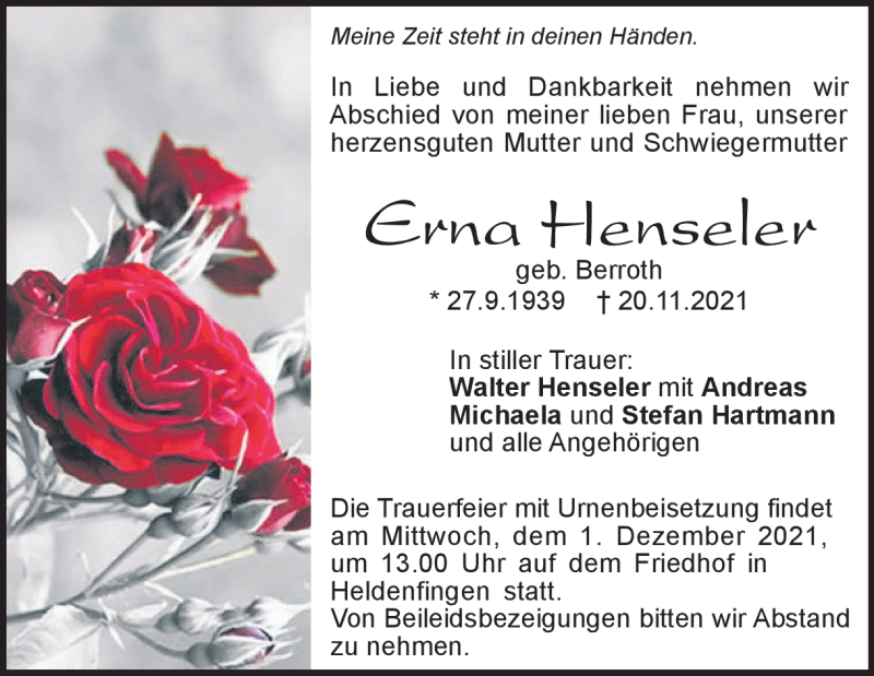  Traueranzeige für Erna Henseler vom 27.11.2021 aus Heidenheimer Zeitung