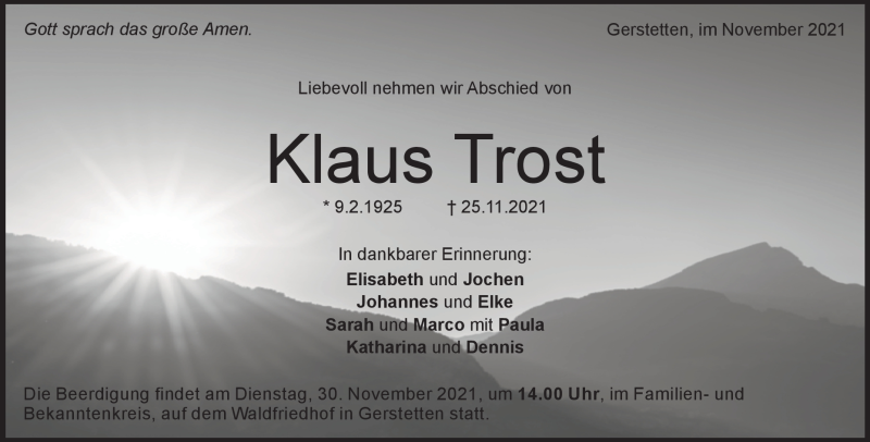  Traueranzeige für Klaus Trost vom 27.11.2021 aus Heidenheimer Zeitung