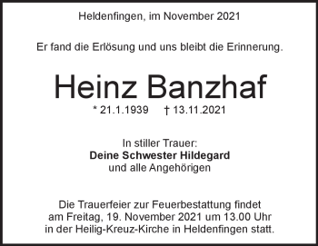 Traueranzeige von Heinz Banzhaf von Heidenheimer Zeitung