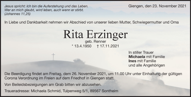  Traueranzeige für Rita Erzinger vom 23.11.2021 aus Heidenheimer Zeitung