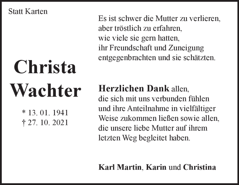  Traueranzeige für Christa Wachter vom 16.11.2021 aus Heidenheimer Zeitung