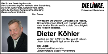 Traueranzeige von Dieter Köhler von Heidenheimer Zeitung
