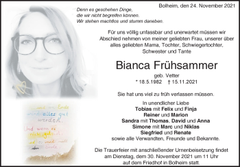 Traueranzeige von Bianca Frühsammer von Heidenheimer Zeitung
