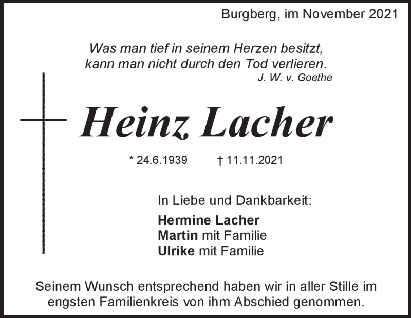  Traueranzeige für Heinz Lacher vom 27.11.2021 aus Heidenheimer Zeitung
