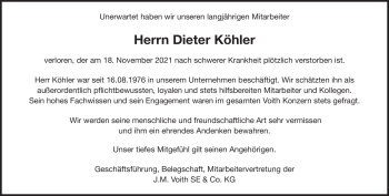 Traueranzeige von Dieter Köhler von Heidenheimer Zeitung