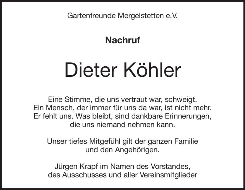  Traueranzeige für Dieter Köhler vom 27.11.2021 aus Heidenheimer Zeitung