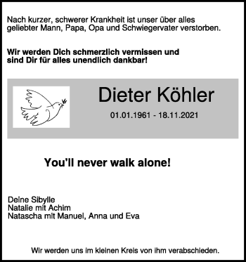 Traueranzeige von Dieter Köhler von Heidenheimer Zeitung