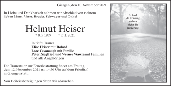 Traueranzeige von Helmut Heiser von Heidenheimer Zeitung