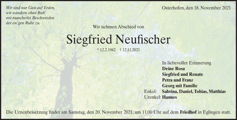  Traueranzeige für Siegfried Neufischer vom 18.11.2021 aus Heidenheimer Zeitung