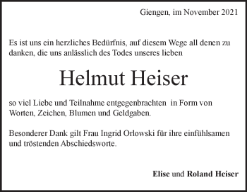 Traueranzeige von Helmut Heiser von Heidenheimer Zeitung