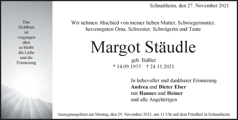  Traueranzeige für Margot Stäudle vom 27.11.2021 aus Heidenheimer Zeitung