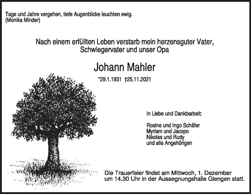  Traueranzeige für Johann Mahler vom 30.11.2021 aus Heidenheimer Zeitung