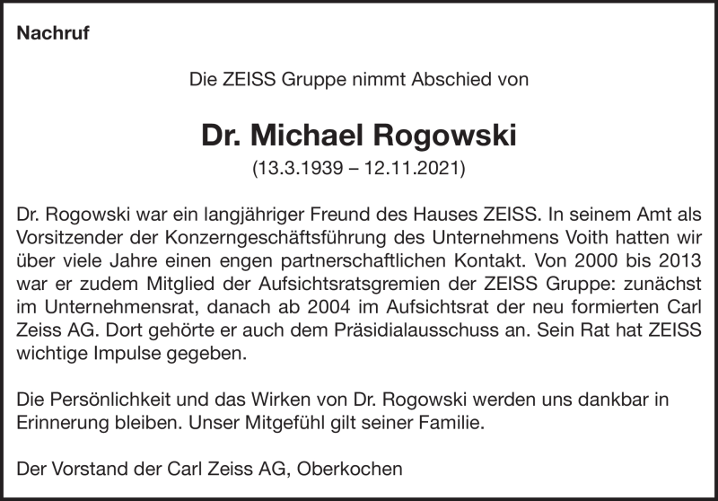  Traueranzeige für Michael Rogowski vom 19.11.2021 aus Heidenheimer Zeitung