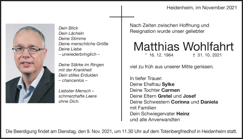  Traueranzeige für Matthias Wohlfahrt vom 03.11.2021 aus Heidenheimer Zeitung