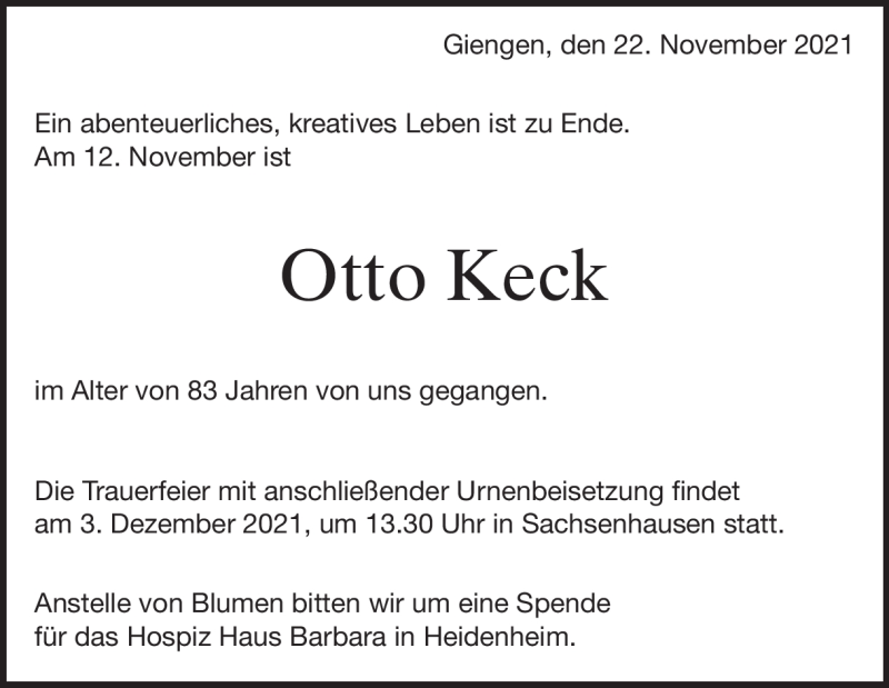 Traueranzeige für Otto Keck vom 22.11.2021 aus Heidenheimer Zeitung