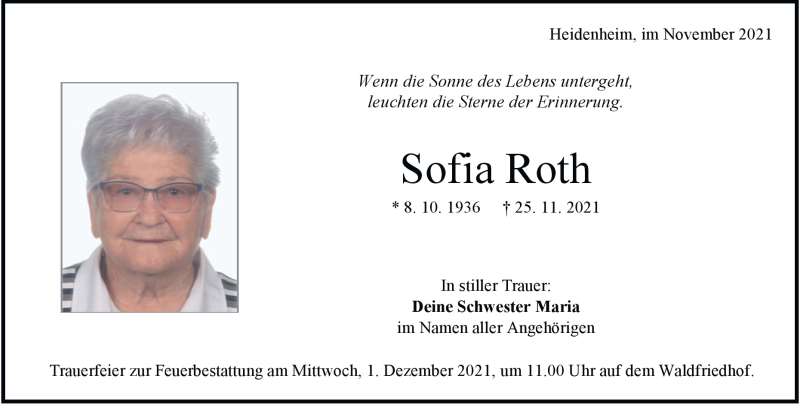  Traueranzeige für Sofia Roth vom 27.11.2021 aus Heidenheimer Zeitung