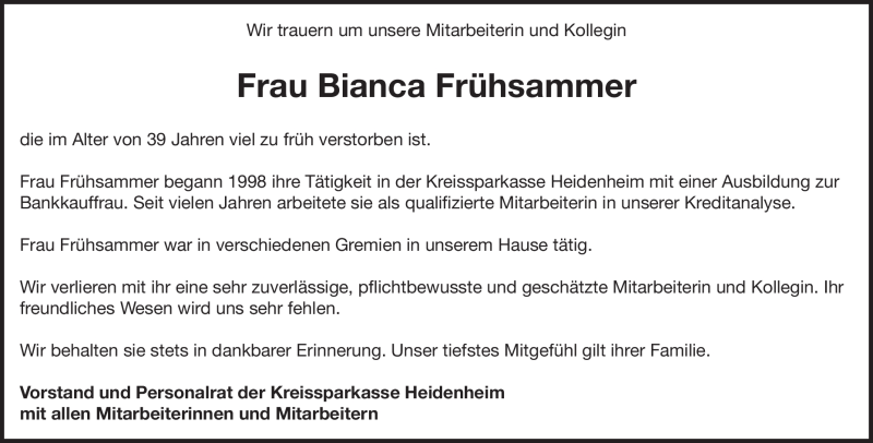  Traueranzeige für Bianca Frühsammer vom 25.11.2021 aus Heidenheimer Zeitung