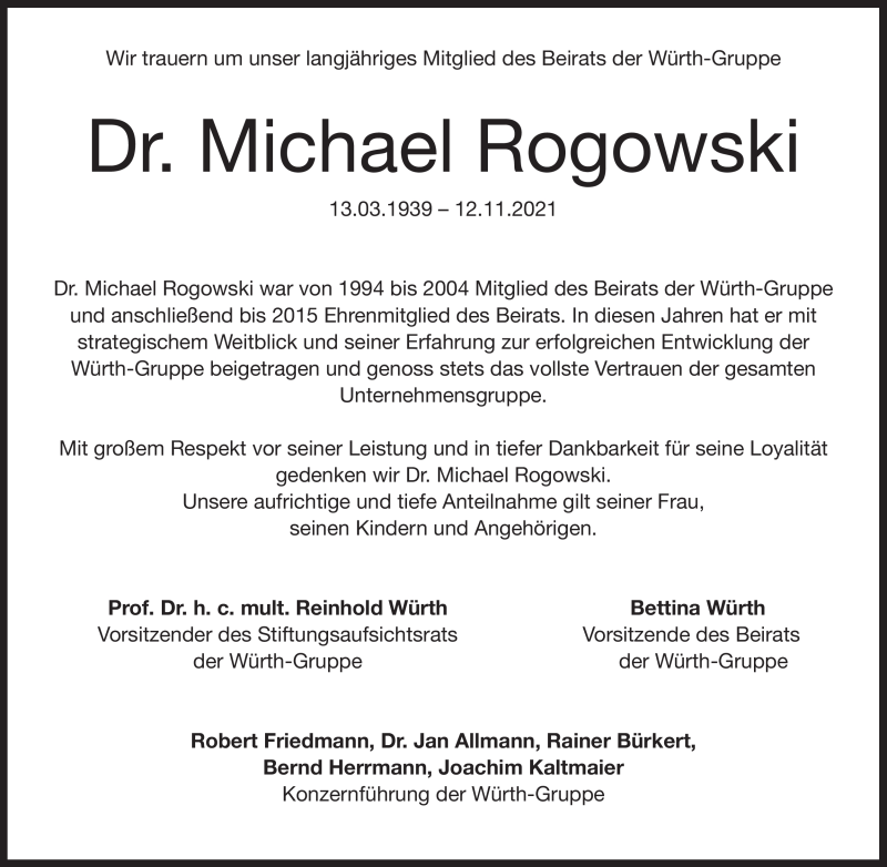  Traueranzeige für Michael Rogowski vom 18.11.2021 aus Heidenheimer Zeitung
