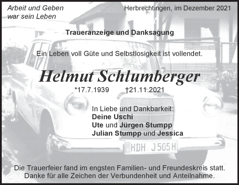  Traueranzeige für Helmut Schlumberger vom 04.12.2021 aus Heidenheimer Zeitung