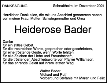 Traueranzeige von Heiderose Bader von Heidenheimer Zeitung