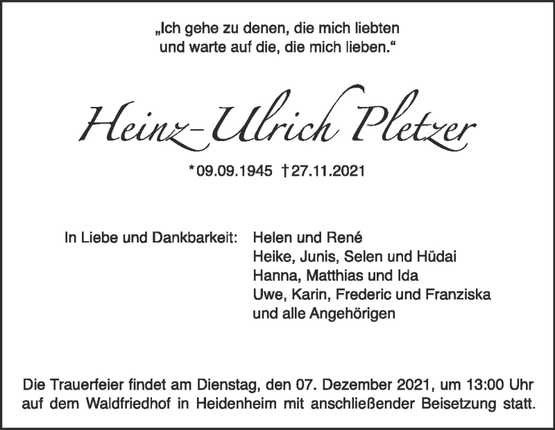  Traueranzeige für Heinz-Ulrich Pletzer vom 02.12.2021 aus Heidenheimer Zeitung