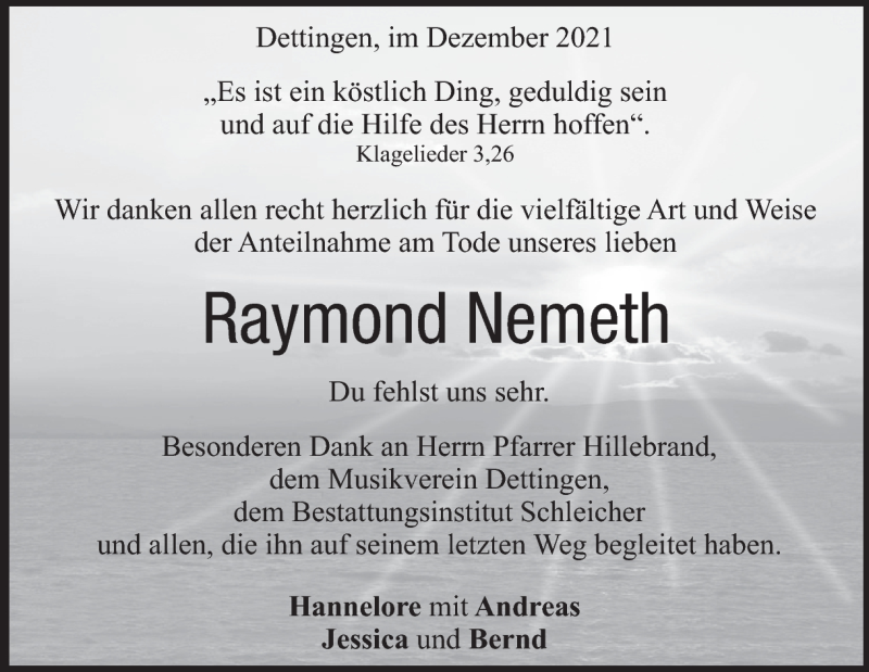  Traueranzeige für Raymond Nemeth vom 11.12.2021 aus Heidenheimer Zeitung