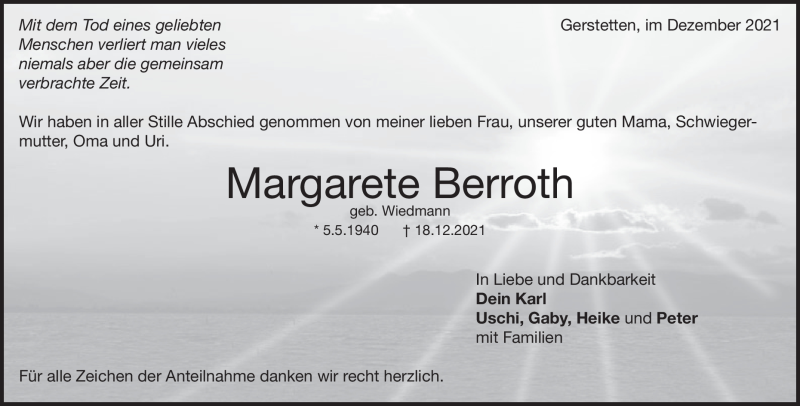  Traueranzeige für Margarete Berroth vom 30.12.2021 aus Heidenheimer Zeitung