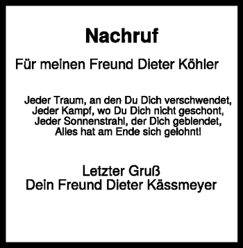 Traueranzeige von Dieter Köhler von Heidenheimer Zeitung