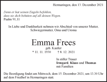 Traueranzeige von Emma Frees von Heidenheimer Zeitung