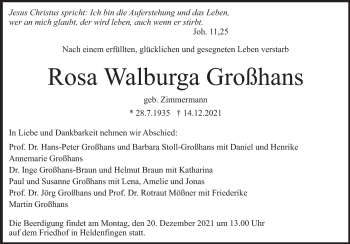 Traueranzeige von Rosa Walburga Großhans von Heidenheimer Zeitung