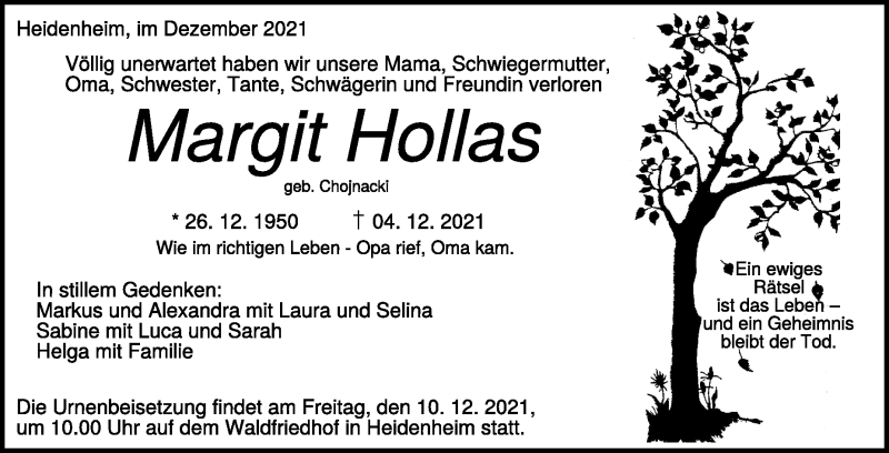  Traueranzeige für Margit Hollas vom 08.12.2021 aus Heidenheimer Zeitung