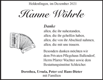 Traueranzeige von Hanne Wöhrle von Heidenheimer Zeitung