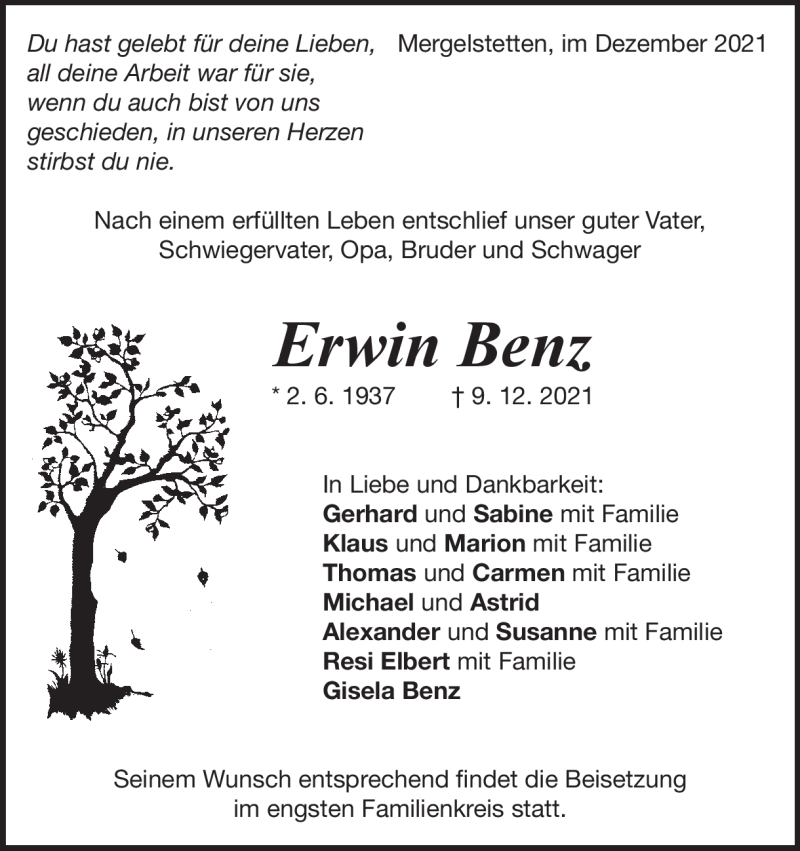  Traueranzeige für Erwin Benz vom 14.12.2021 aus Heidenheimer Zeitung